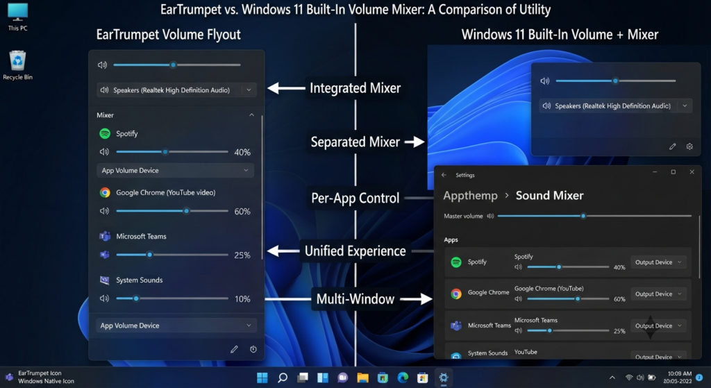 EarTrumpet for Windows 11 Review: Powerful Per-App Volume Control (2026) 4 EarTrumpet vs Windows 11 Built-In Volume Mixer