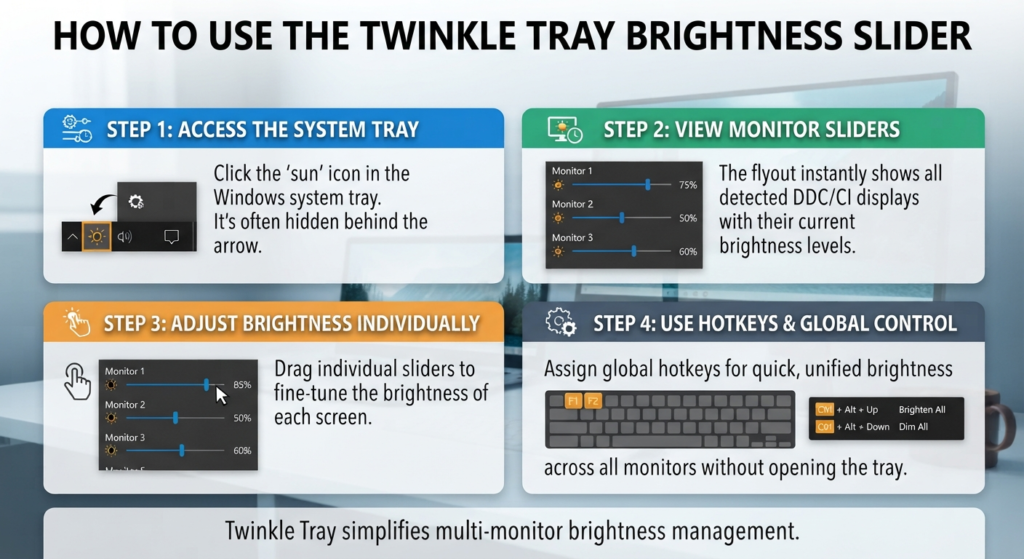 Twinkle Tray Guide for Windows 11 & 10: Download, Setup & Brightness Control 3 How to Use the Twinkle Tray Brightness Slider