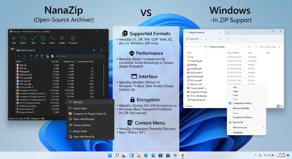 NanaZip Download for Windows 11 & 10: Easy Installation, Features, Review & 7-Zip Comparison 3 NanaZip vs Windows Built-In ZIP Support