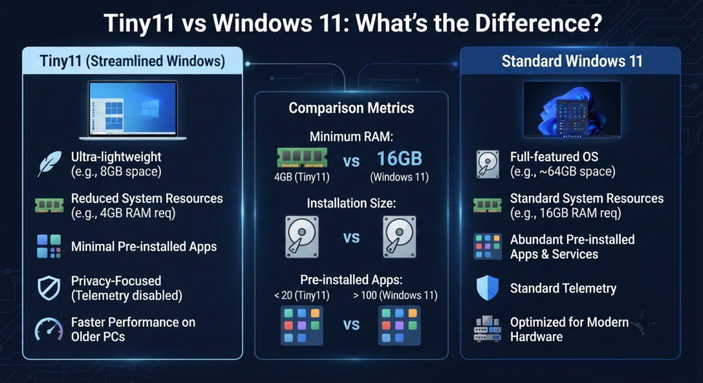 Tiny11 Download for Windows 11: Features, Differences, Installation & Safety Guide (2026) 2 Tiny11 vs Windows 11 What's the Difference