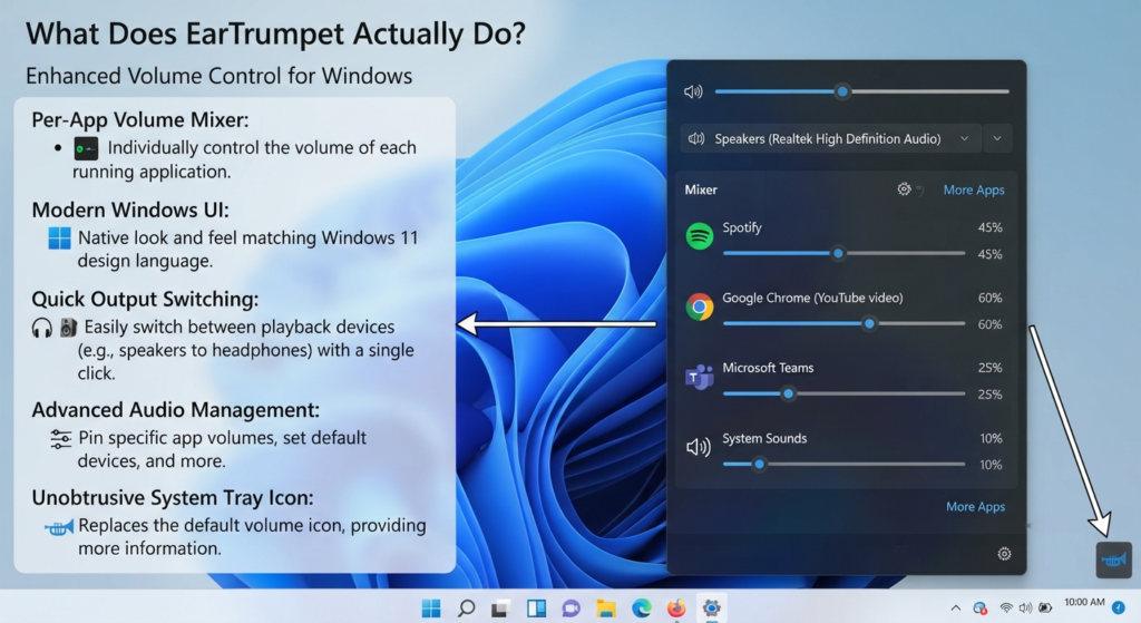 EarTrumpet for Windows 11 Review: Powerful Per-App Volume Control (2026) 2 What Does EarTrumpet Actually Do